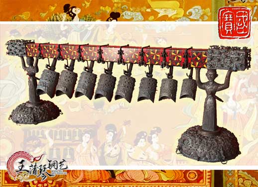 8件古編鐘，銅人銅座裝飾，可發(fā)音